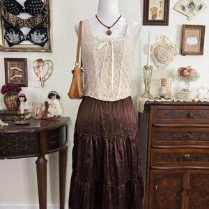 y2k fairy grunge satin brown tiered midi skirt w lace trim